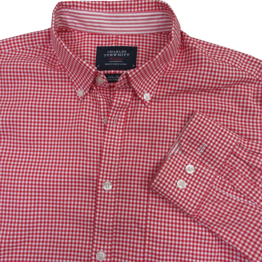 Charles Tyrwhitt Mens Button Down Shirt M Red Weekendβ Gingham Check Non